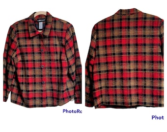 Vintage Plaid JACKET Button Front / Sag Harbor / Red Black Plaid Boxy Fit / Women's Winter Holiday Coat