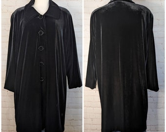 Vintage 1950's Black Velvet Coat / Midi Length Button Front / Swingy Dress Coat / Retro Holiday Glam Style