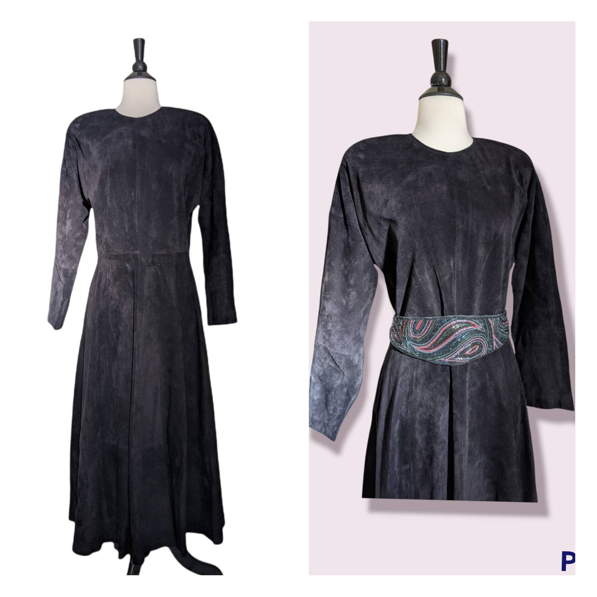 PureJoyVintage Vintage 1980's Suede Dress / Statement Dress / Shoulder Pads / Dynasty Style / Black Dress Full Skirt