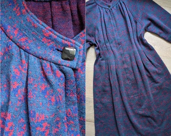 Vintage 60's women's dress / wool knit / midi 3/4 length sleeves / fall fashion / navy blue and red