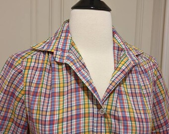 Vintage '70's blouse / cotton button down shirt / short sleeve top / multi color plaid / cool summer retro blouse