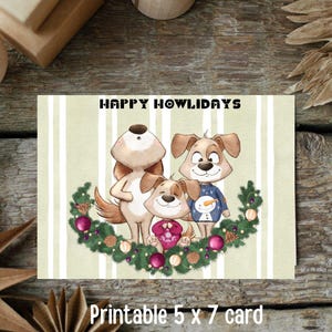 Biglietto di auguri di Natale "Happy Howladays" 5x7 con modello di busta - PDF scaricabile immediatamente. Biglietto d'auguri scaricabile digitalmente. Cani che cantano canti natalizi.
