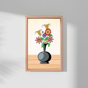 Gallery wall art. Whimsical flowers, instant download digital print in bright colors, floral theme. Original hand-illustrated art piece