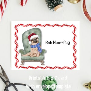 Biglietto di auguri di Natale con carlino fulvo 13x18 cm con modello di busta – PDF scaricabile immediatamente. Biglietto d'auguri con download digitale. Cucciolo di Babbo Natale, biglietto stampabile.