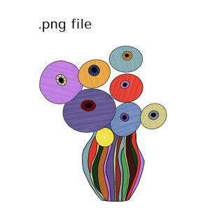 PNG-afbeelding met grillige bloemen in vaas.  Digitale download in meerdere formaten. Galerie kunst muur woondecoratie.  Heldere kleuren. met de hand geïllustreerd