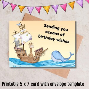 Geburtstagskarte mit Meeresmotiven zum sofortigen Download.   13x18 mit Umschlag Vorlage.    Wal, Giraffe und Kätzchen auf Piratenschiff. Grußkarte.
