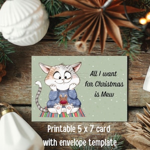 Biglietto d'auguri natalizio con gattino carino stampabile - 13x18 cm con modello per busta - PDF scaricabile immediatamente. Gatto con maglione a forma di renna.