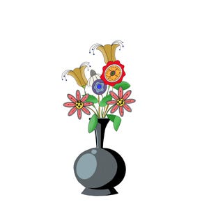 PNG-afbeelding met grillige bloemen in vaas.  Digitale download in meerdere formaten. Galerie kunst muur woondecoratie.  Heldere kleuren. met de hand geïllustreerd