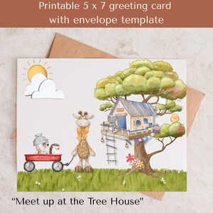 Carte de voeux imprimable 5 x 7 | Cabane dans les arbres | Modèle d'enveloppe inclus | Carte amusante pour enfants | Carte animal lunatique | Téléchargement instantané | Cadeau bébé