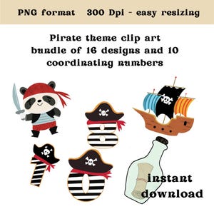 Pacote Digital Download de arquivos PNG com tema de pirata, imagens em alta resolução. Ilustrado à mão. Números e letras com parte CLI correspondente.
