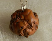 Japanese rabbits Netsuke ball pendant w sterling silver chain necklace , beaded jewelry , Boxwood Netsuke bead , Netsuke jewelry for women