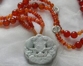 Jade pendant w double strand fire agate & carnelian beads necklace , beaded jewelry , Thai silver , blue jade jewelry , necklace for a woman