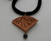 Japanese Netsuke pendant on black velvet necklace , hand carved Netsuke Boxwood fan shaped , trees people scene , Netsuke necklace 4 women