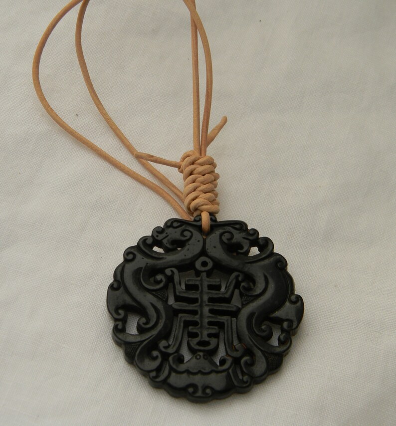 Black jade pendant on leather cord necklace beaded jewelry Etsy