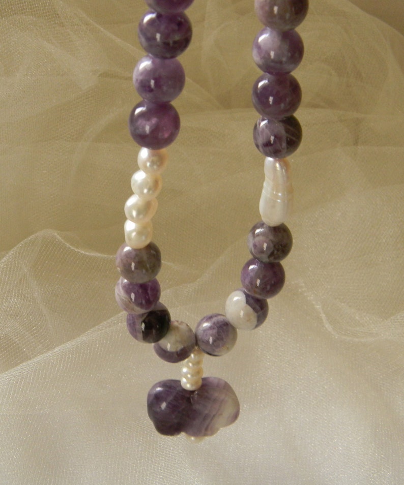 Amethyst rabbit pendant /& beads w cultured Baroque pearls necklace rabbit fertility amulet beaded jewelry amethyst necklace w pearls