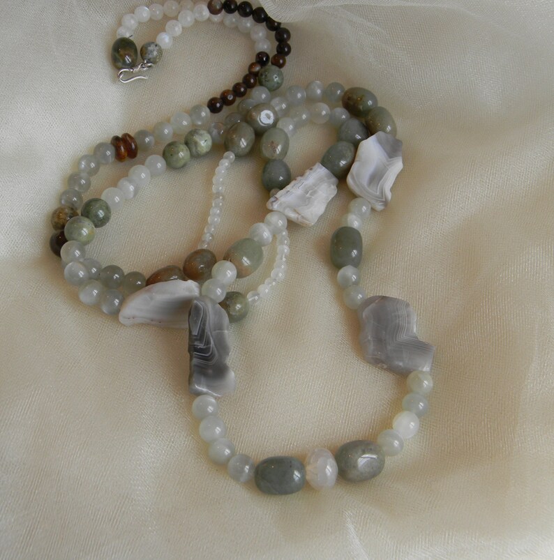 Moonstone & Jade Beads With Botswana Agate Slabs Necklace Etsy