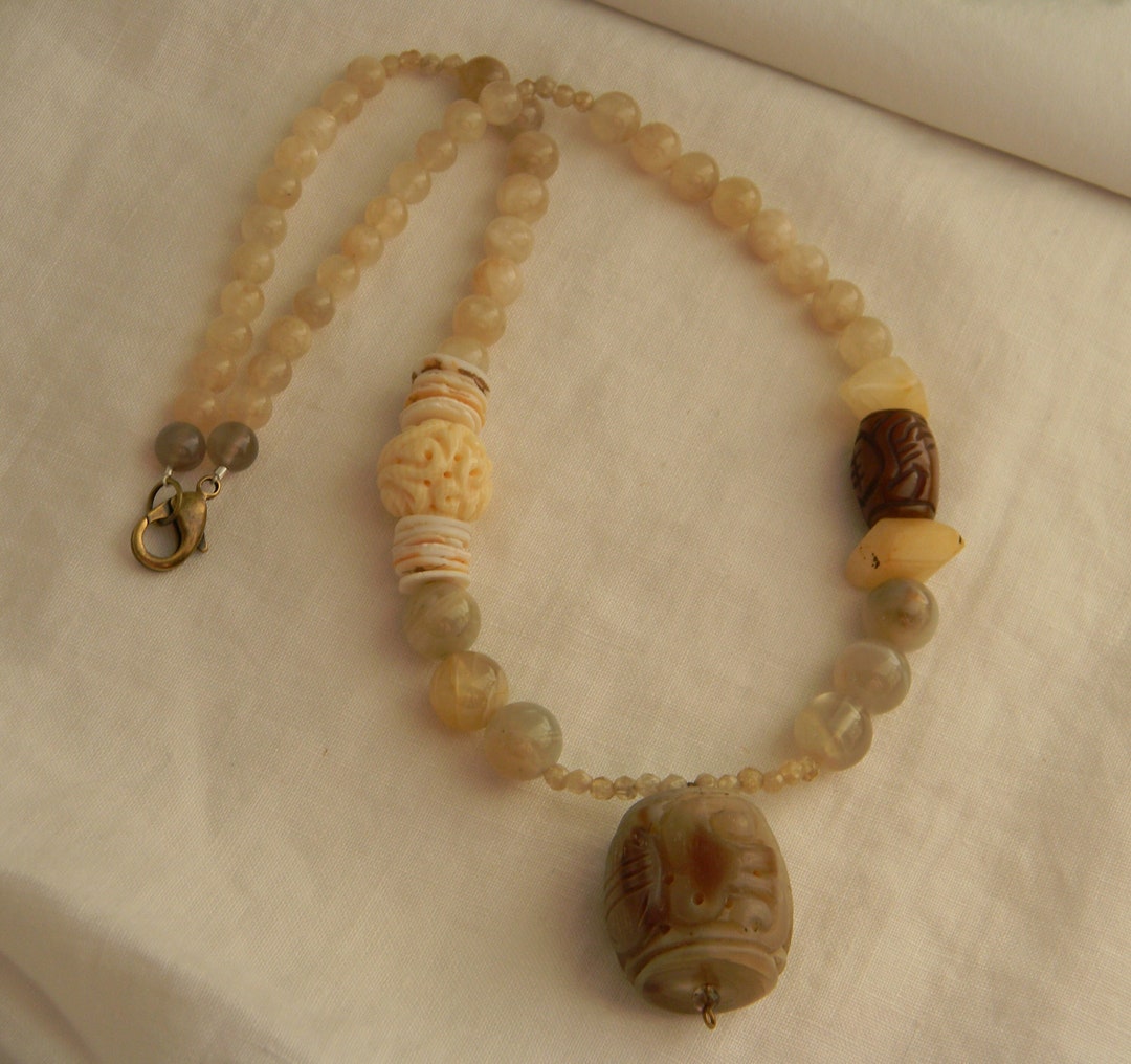 Carved Antler Pendant on Moonstone & Jade Charm Necklace Etsy