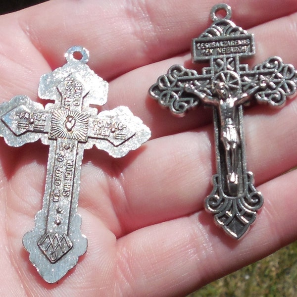 4+pcs Silver 2" Cross Pendants 52mm LARGE Crucifix Charm Religious ANTIQUE Tibetan Plate Lead/Ni FREE Diy Rosary Prayer Making Jewelry Suppl