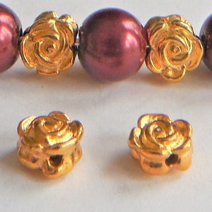 30/ 6mm Gold Flower Beads HOLE: 1.5mm 6x6.6mm ROSE Focal Spacers Metal Plated Lead Free Nickel Free Diy Jewelry Making Supply image 2