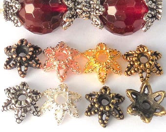 10mm Bead Caps 6pt Star Flower Beadcap BRITE/ANTIQUE SiLVER,BRoNZE,RoSE,CoPPER/GoLD Fits 10mm+ Lead/Ni Free Diy Handmade Jewelry Supply BULK
