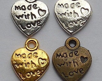 100+/- Heart Charms "Made With Love" Silver/Gold/Bronze BRIGHT or ANTIQUE Lead Free Nickel FREE Diy Jewelry Making Supplies Crafts