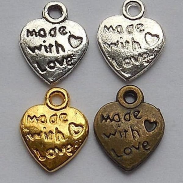 100+/- Heart Charms "Made With Love" Silver/Gold/Bronze BRIGHT or ANTIQUE Lead Free Nickel FREE Diy Jewelry Making Supplies Crafts