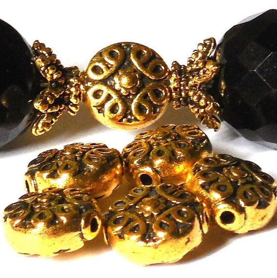 12+/- 10mm Antique Gold COIN Beads Chinese Spacers (10 x 11mm x 6mm) Hole: 1.2mm Metal Plated Lead & Nickel Free Diy Jewelry Making Supplies