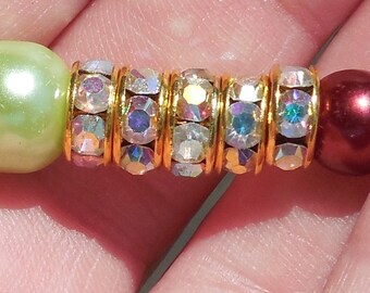 10 x 8mm Aquamarine  Rhinestone Brass Spacer Beads