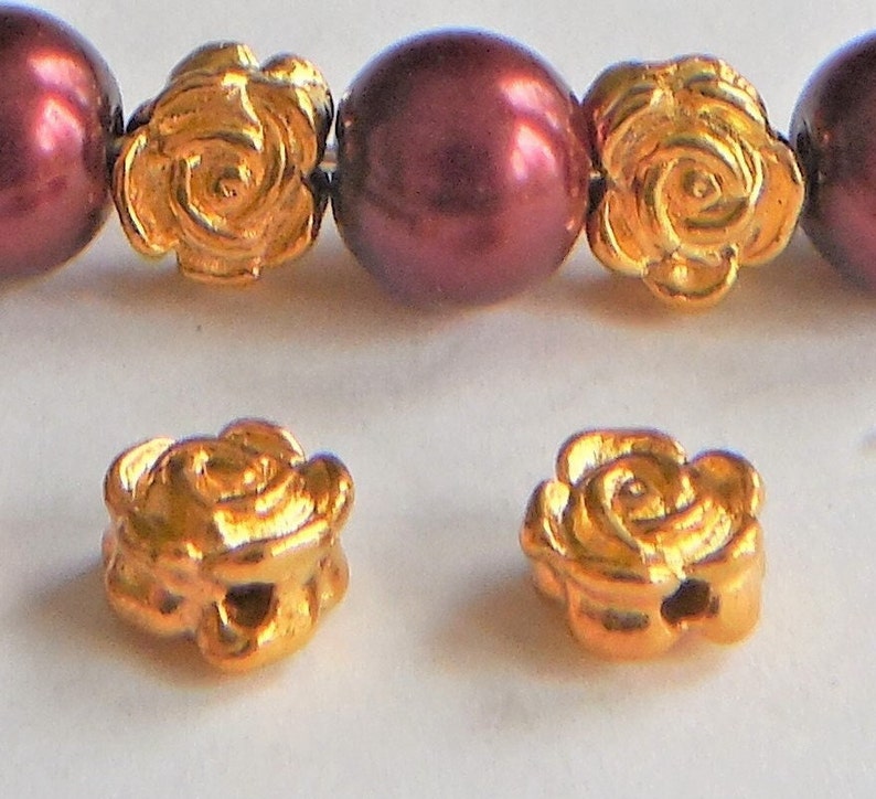 30/ 6mm Gold Flower Beads HOLE: 1.5mm 6x6.6mm ROSE Focal Spacers Metal Plated Lead Free Nickel Free Diy Jewelry Making Supply image 2