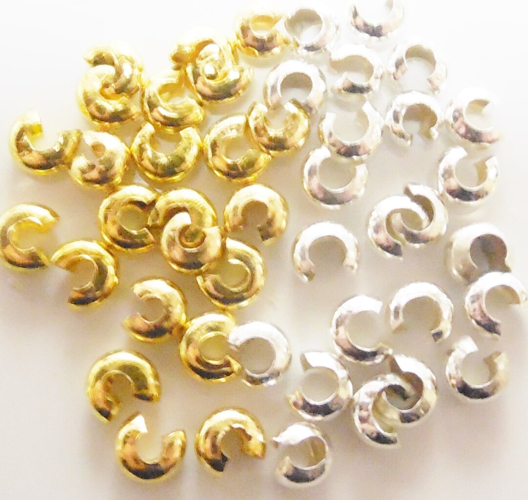 50/ 5mm Crimp Covers Beads GOLD or SILVER Plated Brass 6x5x2.6mm OPEN Fits 2.5mm Crimps Lead