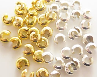 50+/- 5mm Crimp Covers Beads GOLD or SILVER Plated Brass (6x5x2.6mm OPEN) Fits 2.5mm Crimps Lead Free Nickel Free Diy Jewelry Beading Suppli