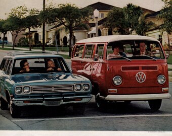 1970 Volkswagen Station Wagon bus van print ad Red and White