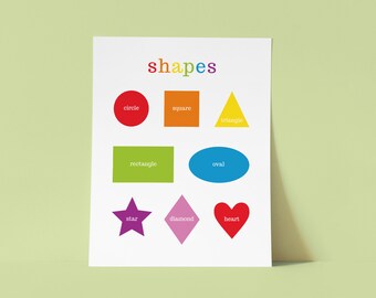 Learning shapes printable, toddler educational poster, preschool classroom decor