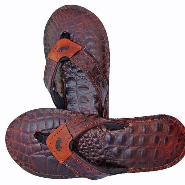 Alligator Embossed Leather Flip Flops-Men's