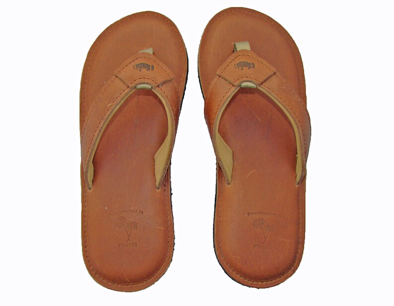 Men's Deleon Tan Leather Flip Flops - Etsy
