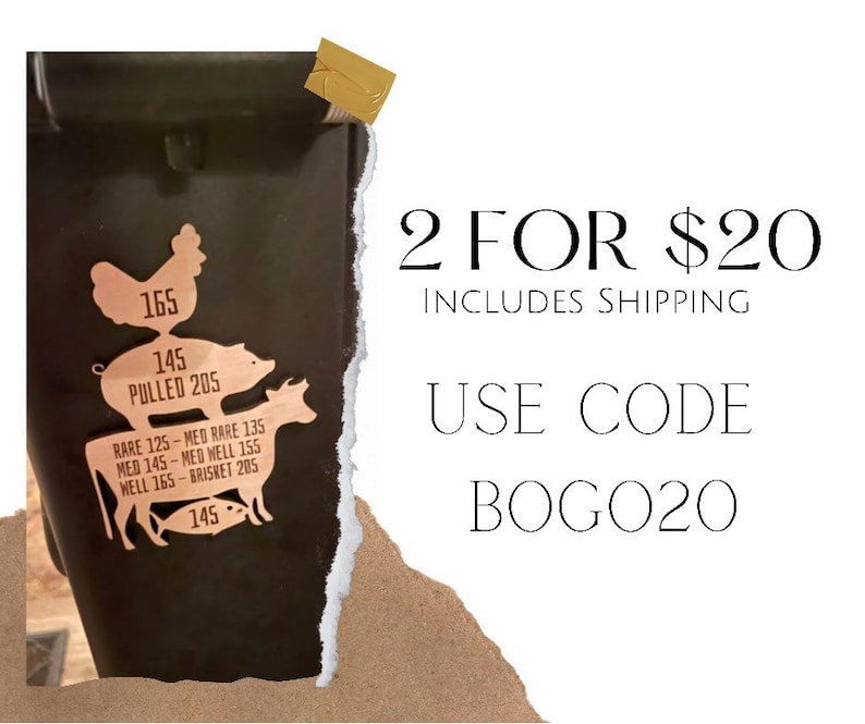 May include: A metal sign with a chicken, pig, and cow, with different temperatures for cooking each type of meat. The sign says "2 for $20 Includes Shipping" and "Use Code BOGO20".
