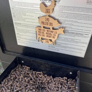 May include: A wooden grilling temperature guide with a chicken, pig, cow, and fish silhouette. The guide shows recommended temperatures for different types of meat, including rare, medium rare, medium, medium well, well, and brisket. The text on the guide reads "Camp Chef, The Way to Cook Outdoors, 145 Pulled 205, Rare 125 - Med Rare 135, Med 145 - Med Well 155, Well 165 - Brisket 205, 145".