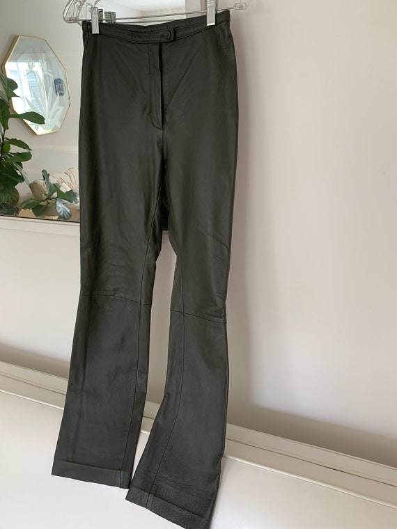 90s Women's Olive Green Low Cut Leather Pants Y2k… - image 7