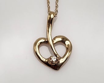 VINTAGE | Solid 14K Gold Heart Pendant with Diamond on Solid 10K Gold Chain Necklace — Refurbished