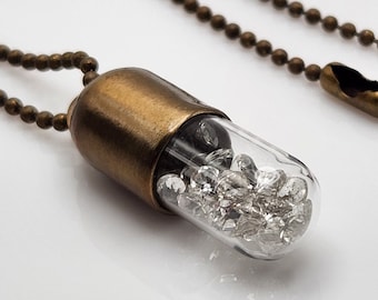 ORIGINAL DESIGN | Pill Capsule Necklace in Bronze and Glass with Loose Quartz Gemstones