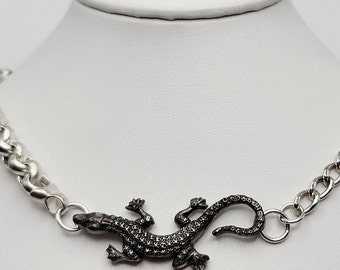 UPCYCLED | Antique Alligator Pendant Sterling Silver and Black Rhodium Asymmetrical Chunky Chain Necklace