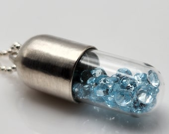 Blue Topaz and Brushed Silver Antidote Pill Capsule Necklace—"Superhero"