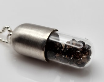 Smoky Quartz and Silver Antidote Pill Capsule Necklace — "Smokeshow"