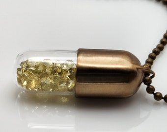 ARTISAN | Pill Capsule Necklace • Bronze & Glass Pendant Filled with Genuine Yellow Chrysoberyl Gemstones