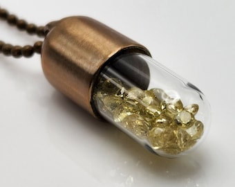 Antidote Pill Capsule Necklace Made of Handcrafted Bronze + Yellow Chrysoberyl Gemstones —"Goldstruck"