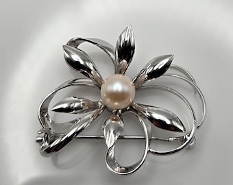 VINTAGE | Sterling Silver and Cultured Pearl Ribbon and Flower Brooch with Japanese - style Hallmark