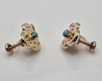 VINTAGE | Solid 14K Gold Abstract Three Leaf Clover Design Earrings - screw back with turquoise colored stones