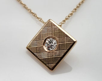 Vintage Diamond + Solid 14K Gold Square Charm Necklace—Refurbished and Upcycled