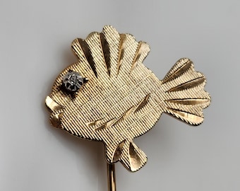 VINTAGE | Blowfish Pin. Diamond and 14K Gold-Filled by Curtis Jewelry. MCM. Hat pin / stick pin.