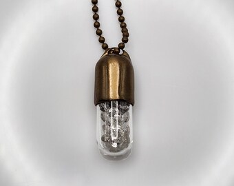ARTISAN | Pill Capsule Necklace in Bronze and Glass with Tumbling Quartz Gemstones